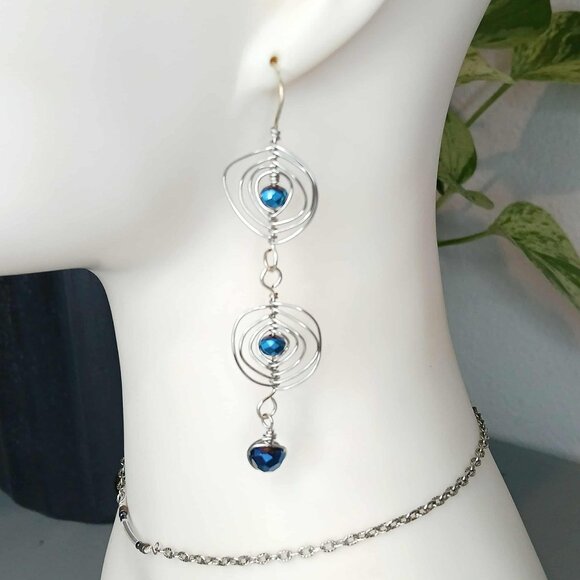 BOGO EARRINGS Boho Statement Cobalt Blue Dangle Earrings, Glass Beaded 3.5" - Picture 1 of 9